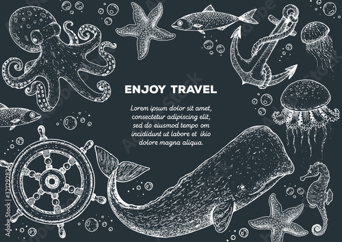 Sea animals hand drawn collection. Sketch illustration. Сachalot, octopus, starfish, jellyfish, fish and sea horse illustration. Vintage design template. Undersea world.