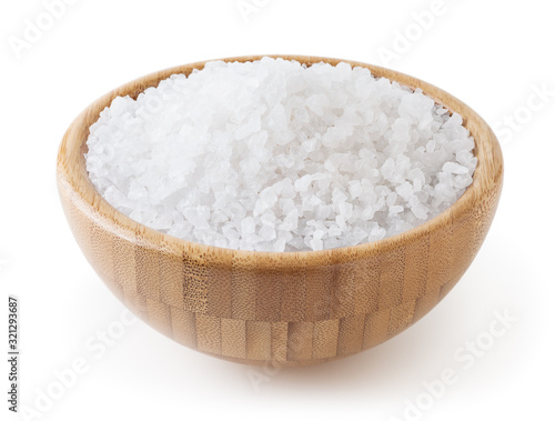 Sea salt in wooden bowl isolated on white background with clipping path