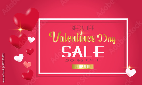 Valentines day special off sale background, poster template. Pink abstract background with hearts ornaments. February 14.Vector illustration.