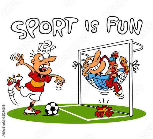 Soccer player kicking ball, shooting penalty kick, is surprised, soccer goalkeeper from soccer goal net made hammock and relaxes with mixed drink and is happy, sport joke, sport is fun, color cartoon
