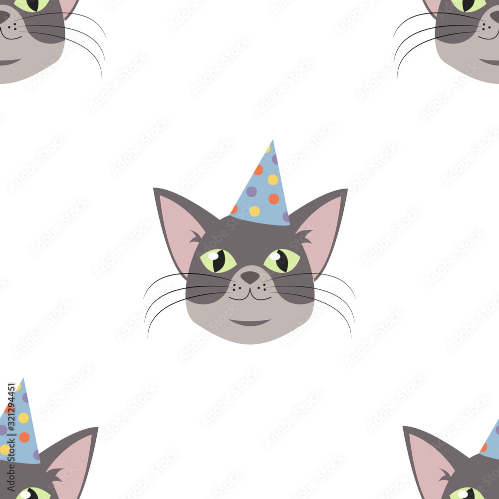 Obraz premium Vector Cat head for cat's birthday celebration greeting card or invitation banners seamless pattern.