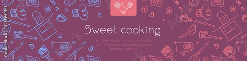 Homemade cooking banner with hand-drawn vector illustrations. Cooking courses banner. Cooking utensils vector. Vector templates of healthy food banner. Home cooking pattern.