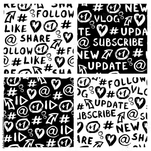 Set of 4 hand drawn seamless patterns with social media symbols  hashtag  at sign  arrow  plus one comment  play button  etc. Abstract ink grunge style vector wallpapers. 