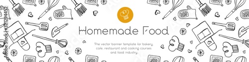 Homemade cooking banner with hand-drawn vector illustrations. Cooking courses banner. Cooking utensils vector. Vector templates of healthy food banner. Home cooking pattern.