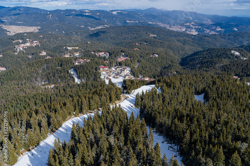 Aerial view of Pamporovo during a beautiful white winter in Bulgaria photo