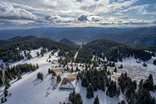 Aerial view of Pamporovo during a beautiful white winter in Bulgaria