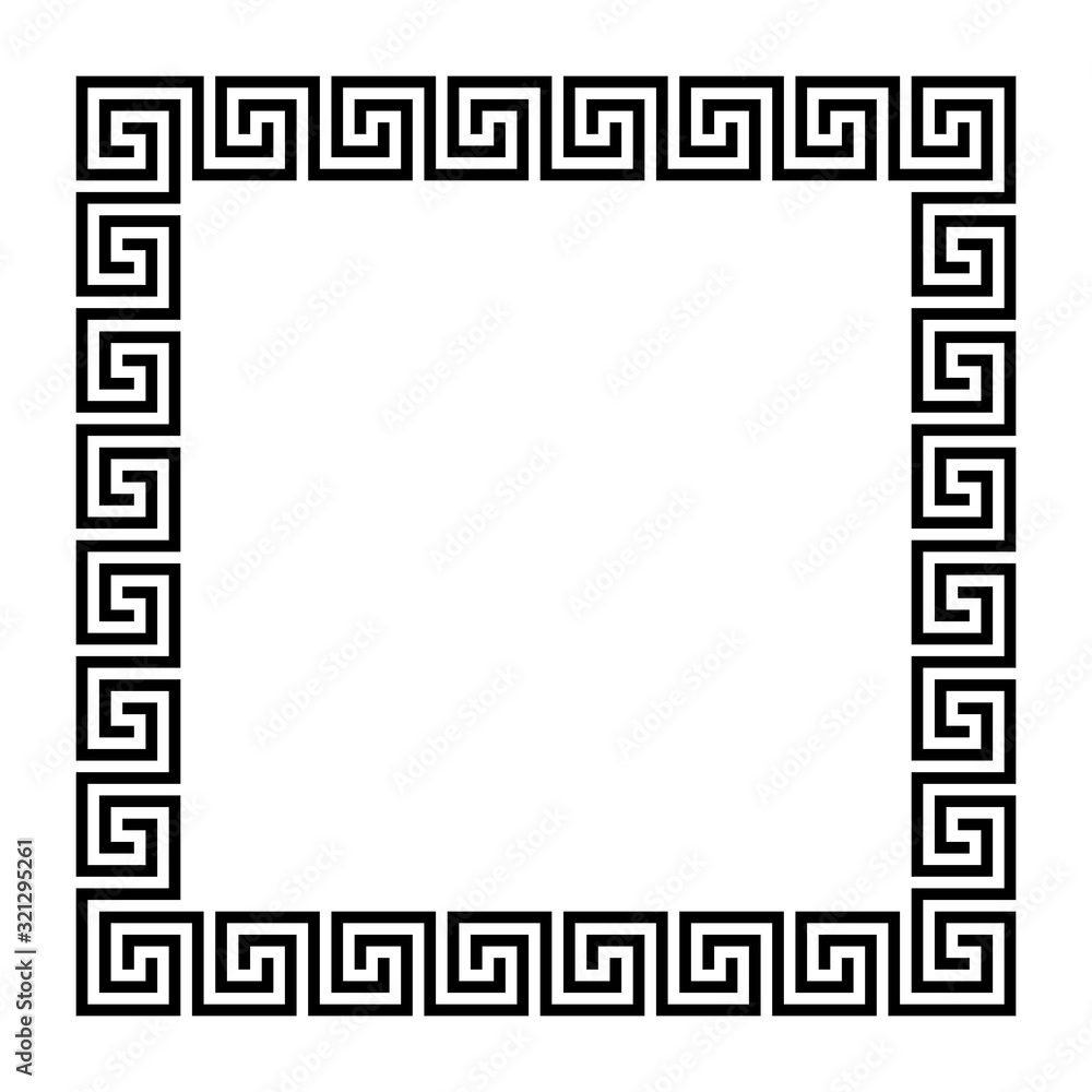 Disconnected meander, square frame, made of seamless meander pattern. Meandros. Decorative border with interrupted lines, shaped into repeated motif. Greek fret or key. Illustration over white. Vector