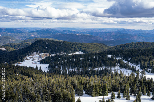 Aerial view of Pamporovo during a beautiful white winter in Bulgaria