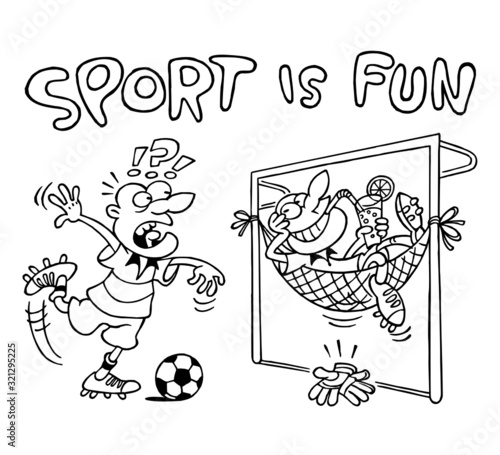 Soccer player kicking ball, shooting penalty kick, is surprised, soccer goalkeeper from soccer goal net made hammock and relaxes with mixed drink and is happy, sport joke, sport is fun, black and whit
