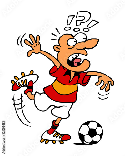 Soccer player kicking ball, shooting penalty kick, is surprised, sport joke, sport is fun, color cartoon