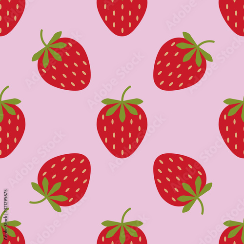 Seamless background with red strawberries. Cute vector strawberry pattern. Summer fruit illustration on pink background.