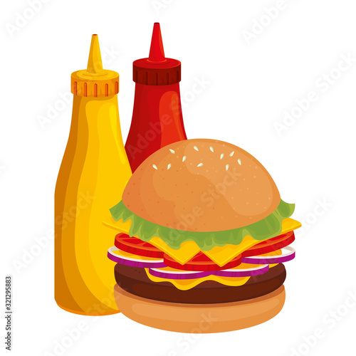 delicious burger with bottles sauces fast food icon vector illustration design