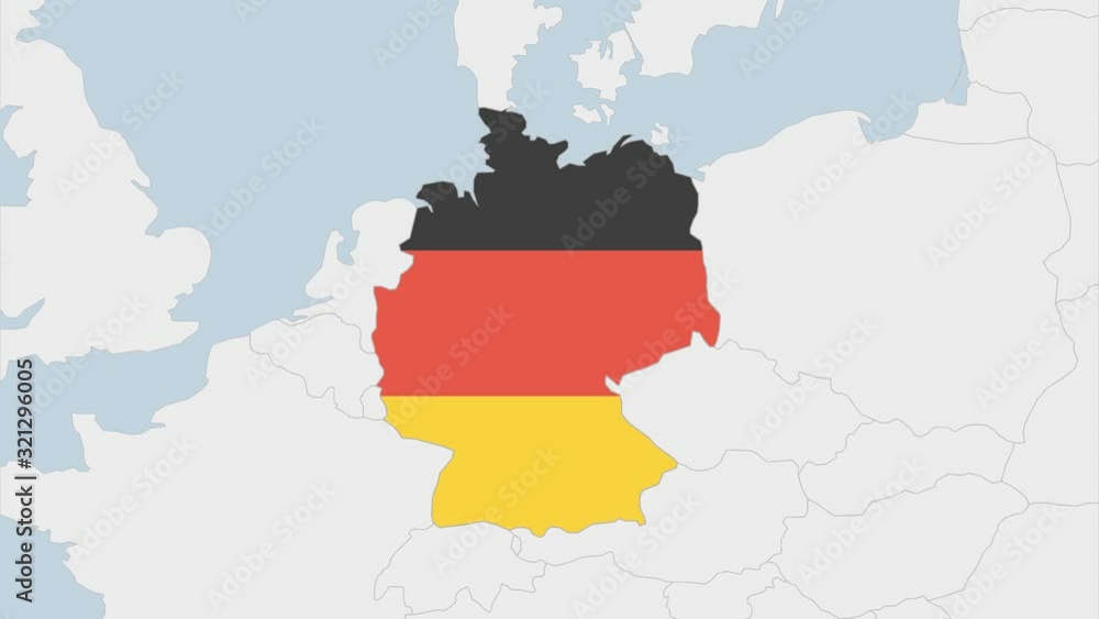 Germany map highlighted in Germany flag colors and pin of country capital Berlin, map with neighboring European countries. Germany map highlighted in Germany flag colors and pin of country capital Berlin, map with neighboring European countries.