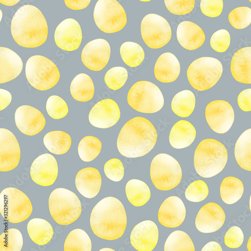Watercolor seamless pattern with soybeans, rounded seeds on acacia haze color background. The print with seeds on a gray background is suitable for the design of packaging products, cookbooks, kitchen