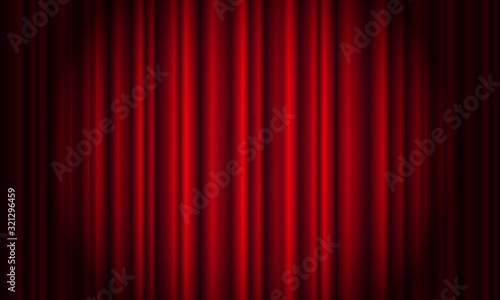 Red curtain with spotlight in theater. Velvet fabric cinema curtain vector. Spotlight on closed curtains decoration. Drama stage background. Vector illustration.