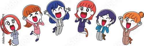 イラスト素材：女性　スーツ　OL 集合　ジャンプ　かわいい