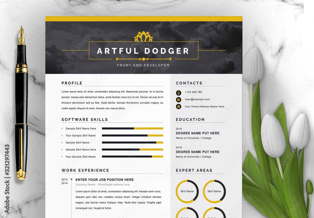 Resume Layout with Grayscale Header and Yellow Accents Stock Template