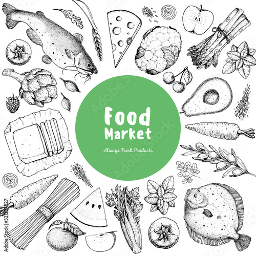 Food frame sketch. Vector illustration. Vegetables, fruits, meat hand drawn. Organic food set. Good nutrition pattern. Hand drawn food design elements.