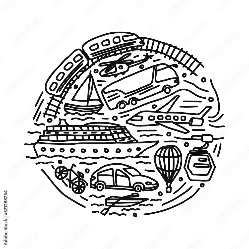 Fototapeta premium transportation different vehicles round vector doodle illustration
