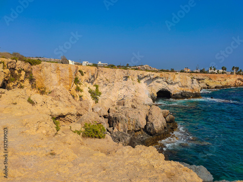 View to sea cave and stone cliffs near "bridge of lovers", Ayia Napa, Cyprus.