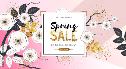 Spring sale poster with full blossom flowers and golden leaves. Spring flowers background