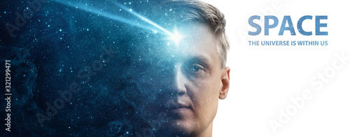 Silhouette of a man with the space as a brain isolated on white background. The universe is within us, flying asteroid is a symbol of human thinking. Elements of this image furnished by NASA.