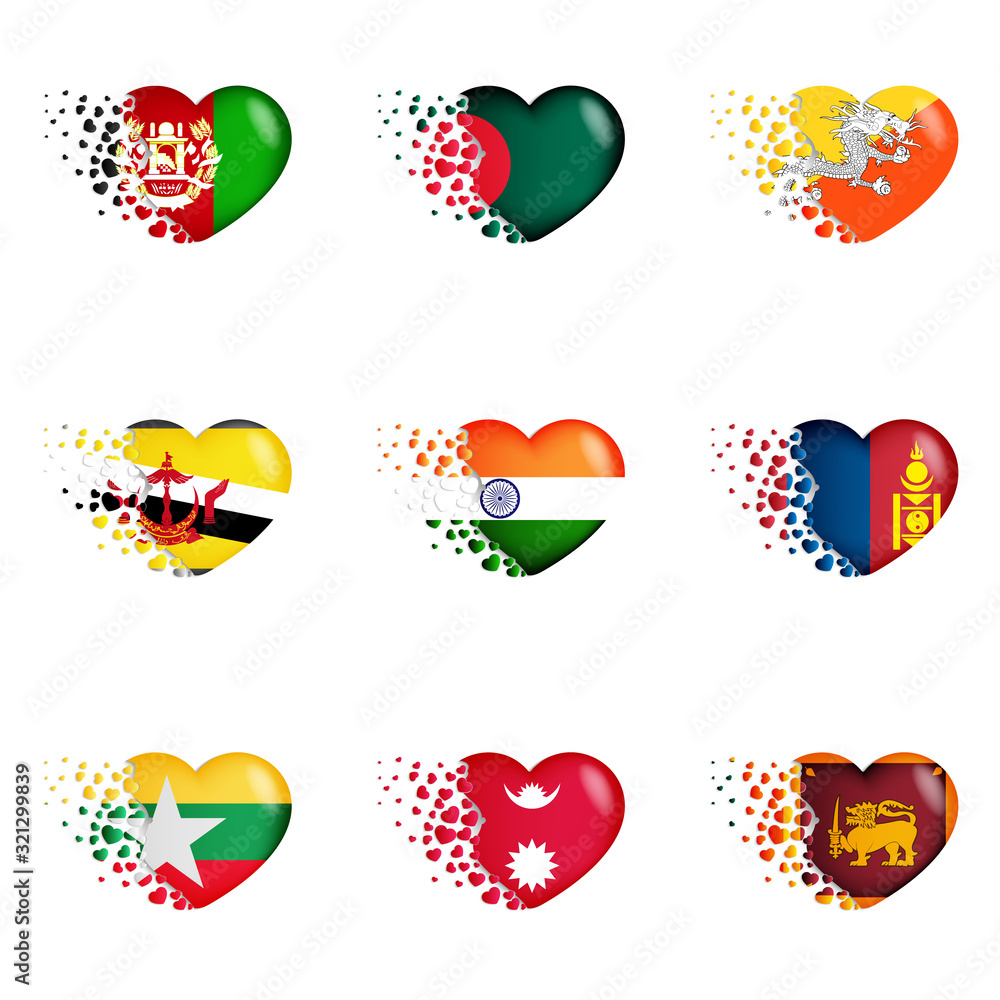Set of Afghanistan, Bangladesh, Bhutan, Brunei, India, Mongolia, Myanmar, Nepal, Sri Lanka national flags with fly out small hearts on white background