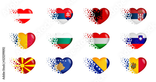 Set of Albania, Austria, Bosnia and Herzegovina, Bulgaria, Hungary, Kosovo, Macedonia, Moldova, Romania, Serbia, Slovakia, Slovenia national flags with fly out small hearts on white background