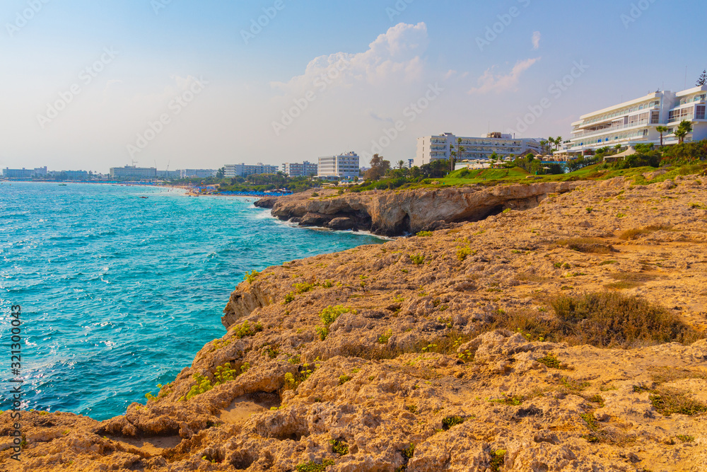 Seascape, view to stone cliffs, sand beaches and hotels of Ayia Napa