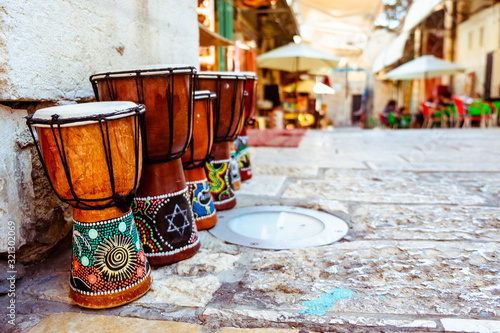 Traditional arabian drums at Street market bazaar in old Jerusalem,