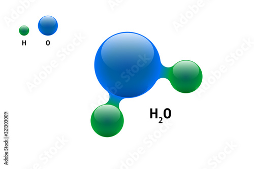 Chemistry model molecule water H2O scientific element formula. Integrated particles natural inorganic 3d molecular structure consisting. Two hydrogen and oxygen volume atom vector spheres photo