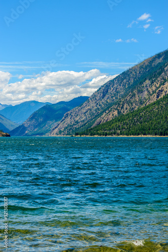 Mountain landscape with blue Seton Lake in Coastal Mountains. Lillooet, British Columbia, Canada. © karamysh