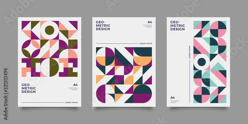 Placard templates set with Geometric shapes  Retro bauhaus  swiss geometric style flat and line design elements. Retro art for covers  banners  flyers and posters. Eps10 vector illustrations