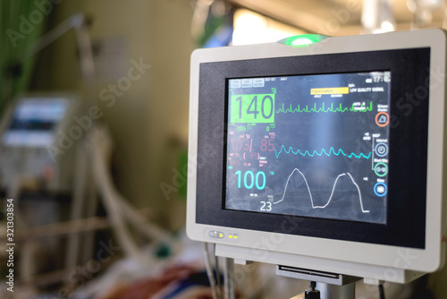 Medical monitor screen in ICU room that show patient vital sign and others parameter concern with medical