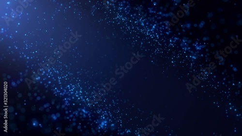 Blue particles abstract background with flare shining floor particle stars dust.Beautiful futuristic glittering fly movement flickering loop in space on black background.
