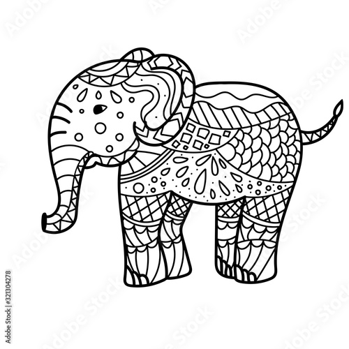 Hand drawn elephant coloring page. Coloring book page for adults, joy to order children and adult colorist. Black and white background. Vector