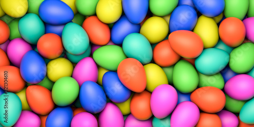 Background from multi-colored Easter eggs. 3D rendering illustration. © valentyn640