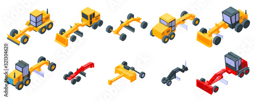 Grader machine icons set. Isometric set of grader machine vector icons for web design isolated on white background