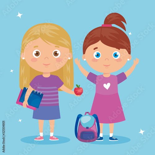 scene of girls standing on blue background vector illustration design