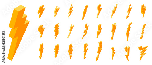 Lightning bolt icons set. Isometric set of lightning bolt vector icons for web design isolated on white background