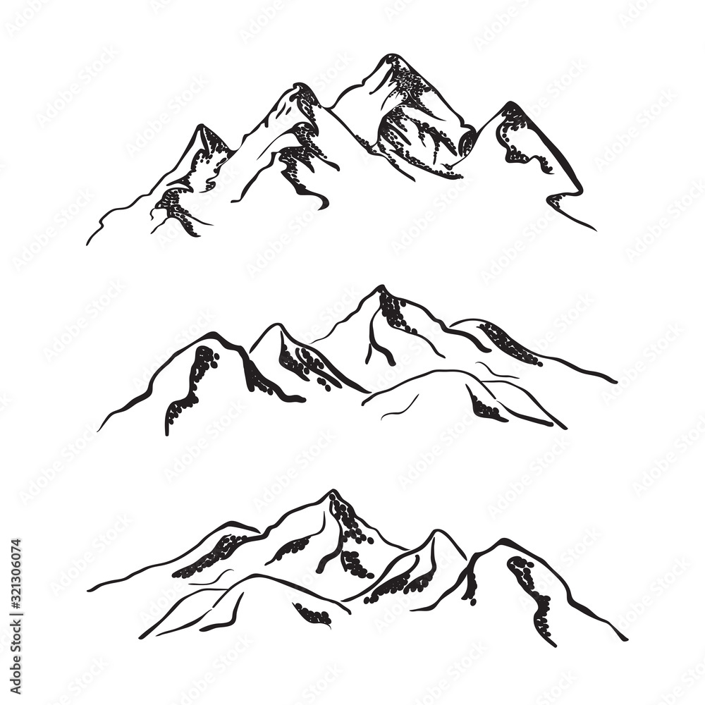 Mountains sketch. Art drawing mountain, engraved panorama silhouette.  Vintage wildlife landscape, rocky peaks elements. Nature vector set.  Illustration rocky peak, mountain silhouette rock sketch Stock Vector Image  & Art - Alamy