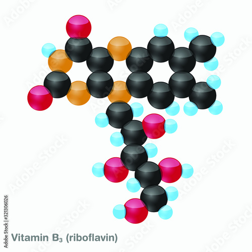 The molecule of vitamin B2 (riboflavin). Vector illustration in 3d style, isolated on white background.