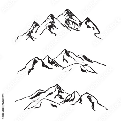 Set mountains sketch. Hand drawn vector illustration. Mountain travel  highlands range. Rocky peaks. Landscape silhouette