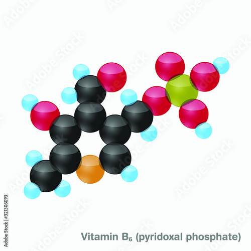 The molecule of vitamin B6 (pyridoxal phosphate). Vector illustration in 3d style, isolated on white background.