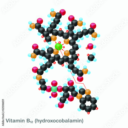The molecule of vitamin B12 (hydroxocobalamin). Vector illustration in 3d style, isolated on white background.