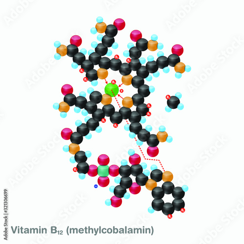 The molecule of vitamin B12 (methylcobalamin). Vector illustration in 3d style, isolated on white background.