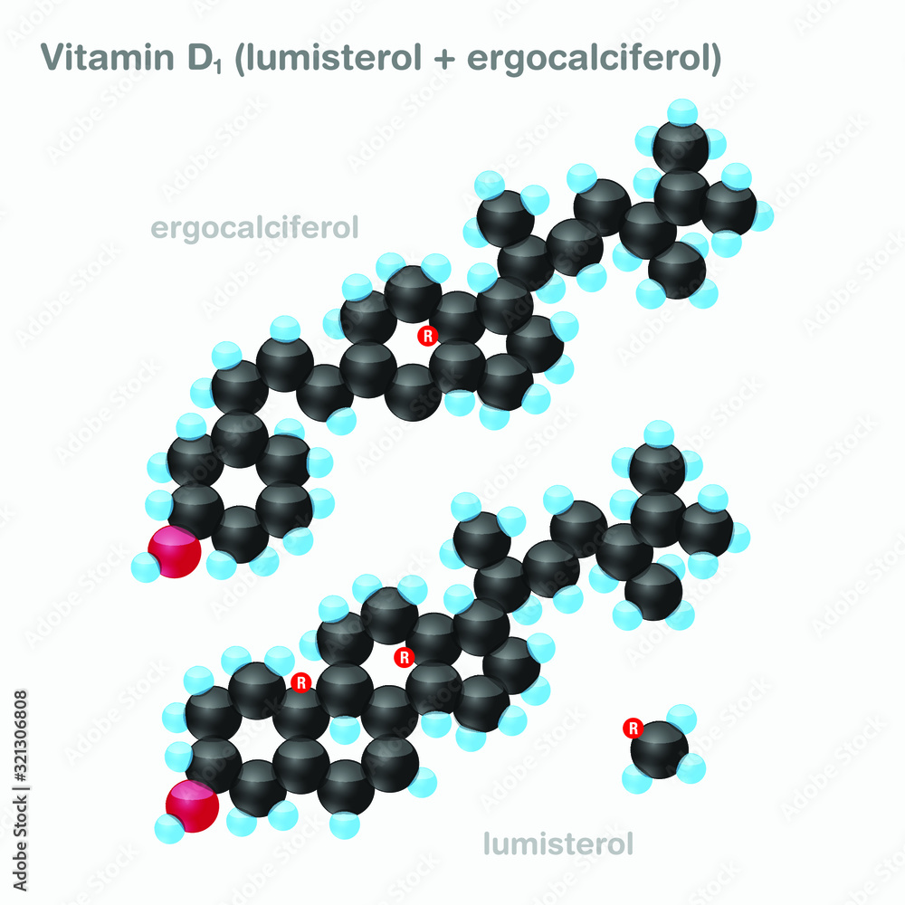 The molecule of vitamin D1 (50% lumisterol + 50% ergocalciferol). Vector illustration in 3d style, isolated on white background.