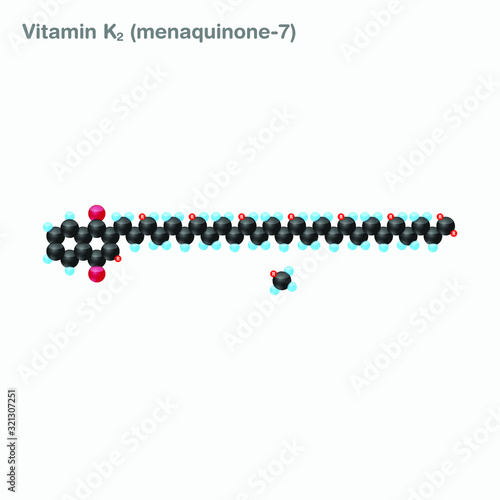 The molecule of vitamin K2 (menaquinone-7). Vector illustration in 3d style, isolated on white background.