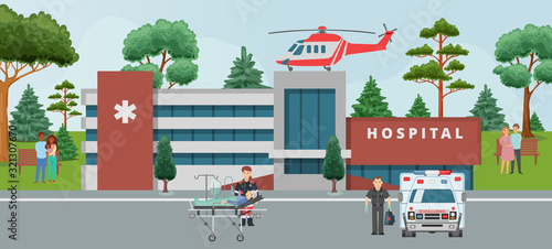 Ambulance, doctors paramedics emergency service with patient disease health care cartoon vector illustration. Medical helicopter on hospital and people doctors staff, healthcare emergence medicine.