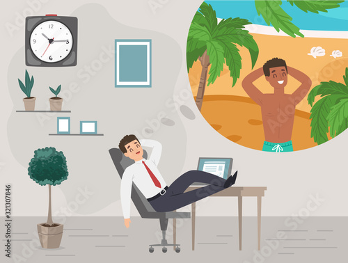 Businessman in office dreaming about vacation on tropical island travel holiday vector illustration. Man dreams on work in office about summer sea vacation tourism.